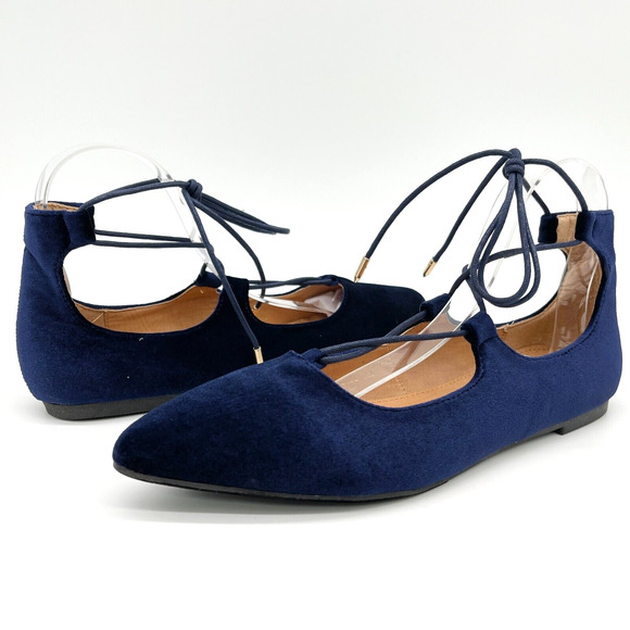 Yoki Urban Velvet Ballet Flat Shoes Pointed Toe Lace-up Navy Blue Glam Classic - Picture 1 of 8